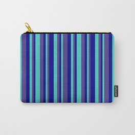 [ Thumbnail: Dark Blue, Dark Slate Blue & Turquoise Colored Pattern of Stripes Carry-All Pouch ]