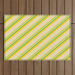 [ Thumbnail: Sea Green, Yellow & Tan Colored Lines/Stripes Pattern Outdoor Rug ]