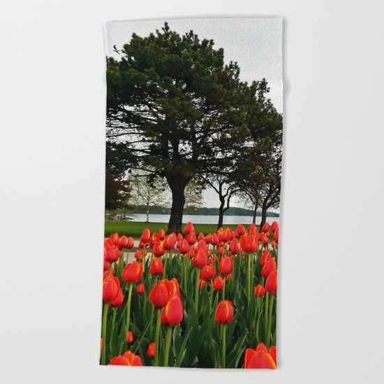 Tulips and the Trees by the Lake Beach Towel