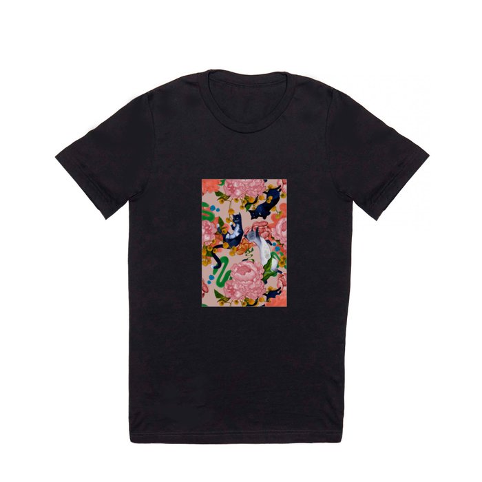 Pink Peony Flowers and Cats T Shirt