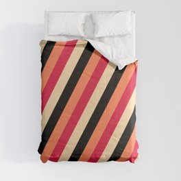[ Thumbnail: Crimson, Tan, Black, and Coral Colored Lines/Stripes Pattern Comforter ]