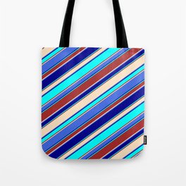 [ Thumbnail: Eye-catching Brown, Bisque, Royal Blue, Dark Blue & Cyan Colored Lined/Striped Pattern Tote Bag ]