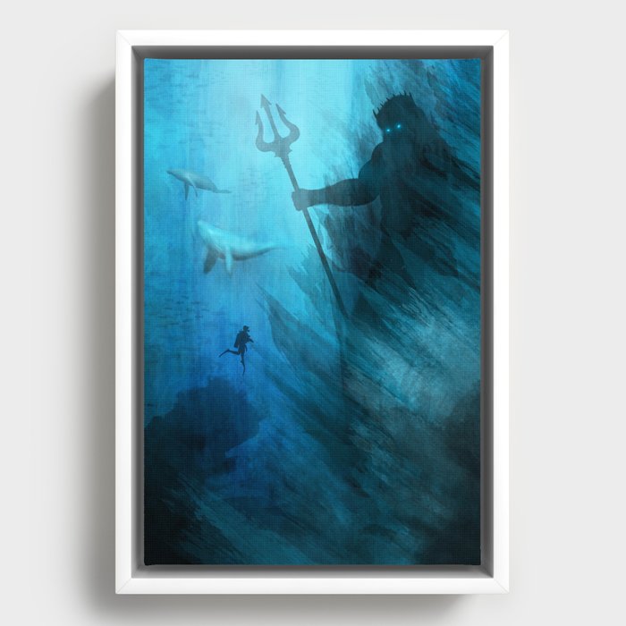 Scuba Diver meets Poseidon  Framed Canvas
