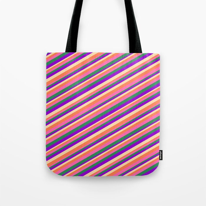 Eyecatching Coral, Hot Pink, Sea Green, Dark Violet, and Tan Colored Pattern of Stripes Tote Bag