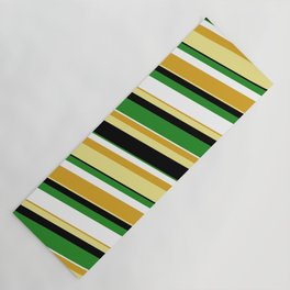 [ Thumbnail: Colorful Goldenrod, Tan, Black, Forest Green & White Colored Stripes Pattern Yoga Mat ]