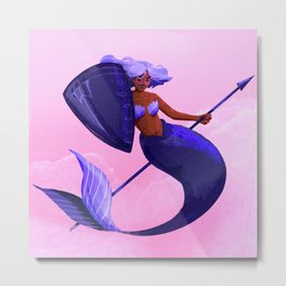 Merwarrior Metal Print | Water, Mermaidlovers, Purple, Mermaid, Drawing, Artwork, Pink, Merpeople, Fangs, Monochrome 