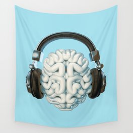 Mind Music Connection /3D render of human brain wearing headphones Wall Tapestry