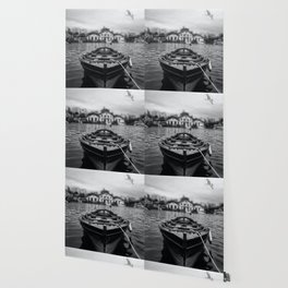 Ships in the blue harbor with seagull portrait black and white photograph / photography Wallpaper