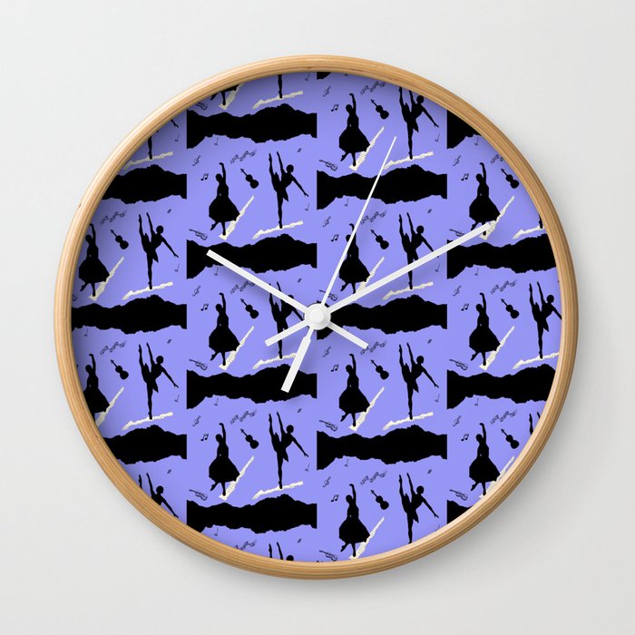 Two ballerina figures in black on blue paper Wall Clock