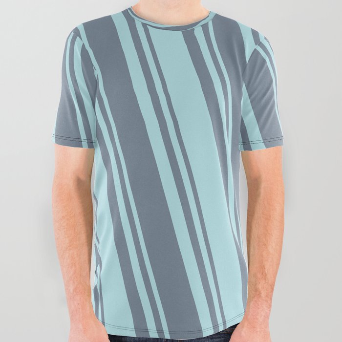Powder Blue & Slate Gray Colored Stripes Pattern All Over Graphic Tee