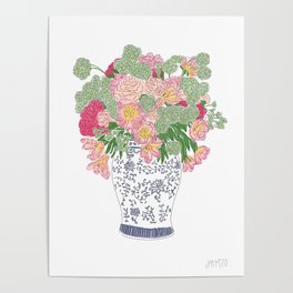 Pink floral ginger jar arrangement Poster