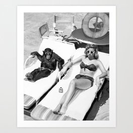 TGIF Last Friday Night - he sure doesn't look like his profile photo humorous poolside female and chimp black and white photograph - photography - photographs Art Print