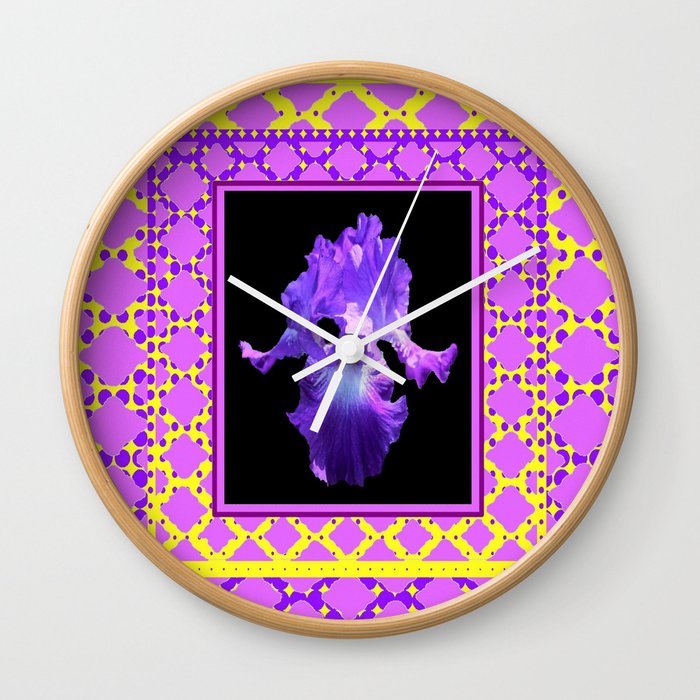Purple-Blue Iris Lilac- Yellow Pattern Art Wall Clock
