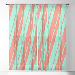 [ Thumbnail: Aquamarine and Red Colored Lined Pattern Sheer Curtain ]