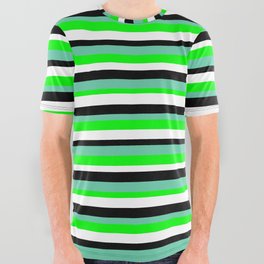 [ Thumbnail: Aquamarine, Lime, White, and Black Colored Lined/Striped Pattern All Over Graphic Tee ]