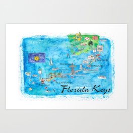 Florida Keys Key West Marathon Key Largo Illustrated Travel Poster Favorite Map Tourist Highlights Art Print