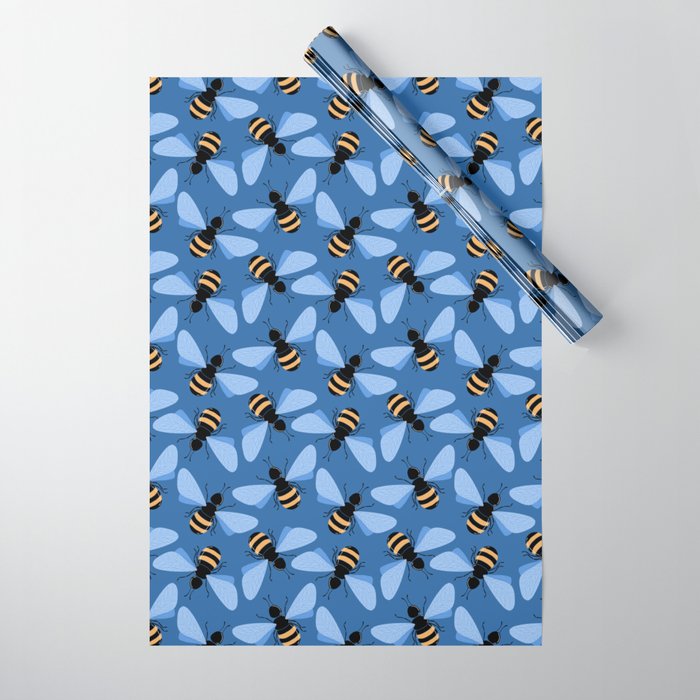 Cute seamless bees illustration pattern on blue background Wrapping Paper