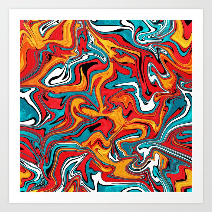 Colorful fluid art sunny orange and sea blue, abstract warm swirly texture Art Print