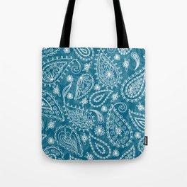 Paisleys in White on Peacock Blue Tote Bag