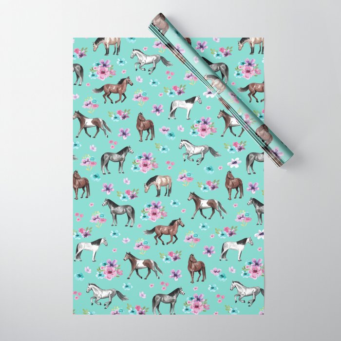 Hand drawn horses, Flower horses, Floral Pattern, Aqua Blue Wrapping Paper