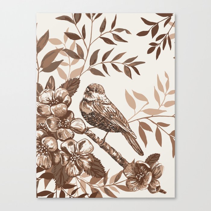 Brown Chinoiserie Apple Blossom Bird Canvas Print