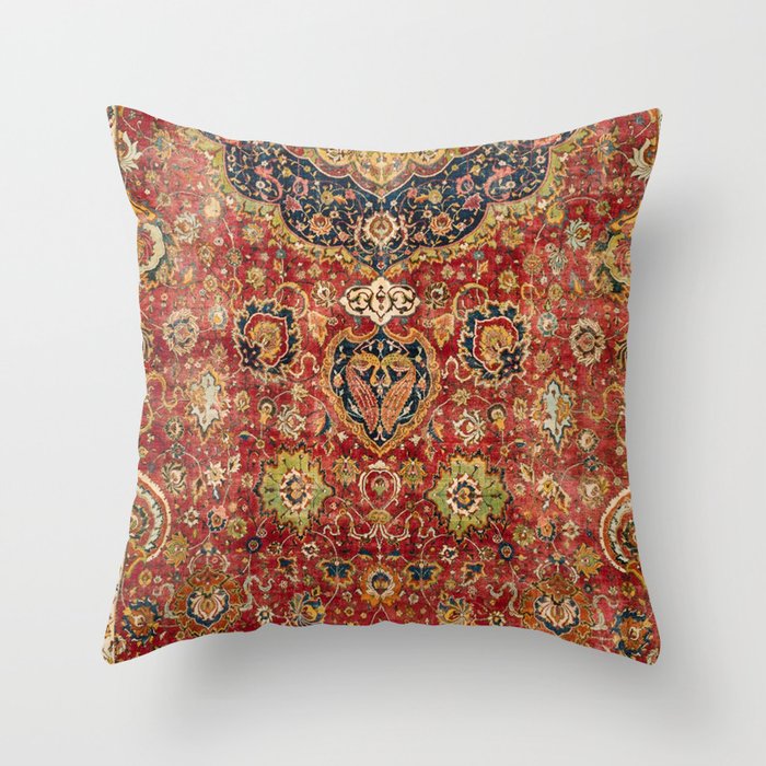 Indian Boho II // 16th Century Distressed Red Green Blue Flowery Colorful Ornate Rug Pattern Throw Pillow