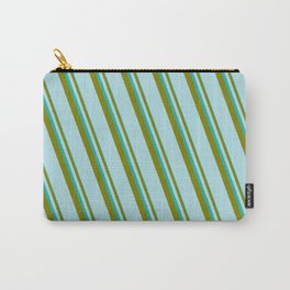 [ Thumbnail: Light Sea Green, Green & Powder Blue Colored Lined/Striped Pattern Carry-All Pouch ]