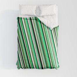 [ Thumbnail: Eye-catching Green, Grey, Forest Green, White, and Black Colored Stripes/Lines Pattern Comforter ]