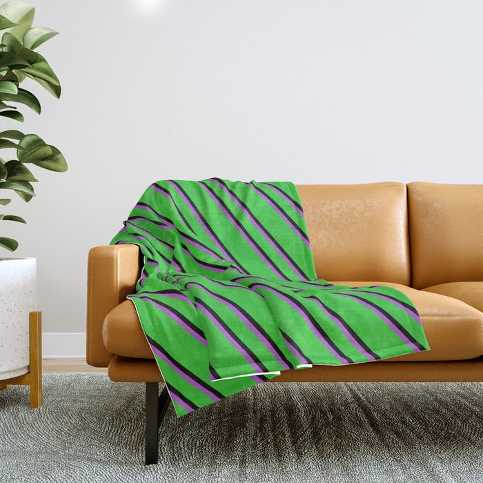Lime Green, Black, and Orchid Colored Stripes Pattern Throw Blanket