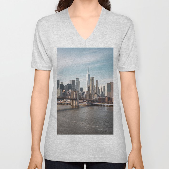 New York City Skyline and the Brooklyn Bridge | Travel Photography in NYC V Neck T Shirt