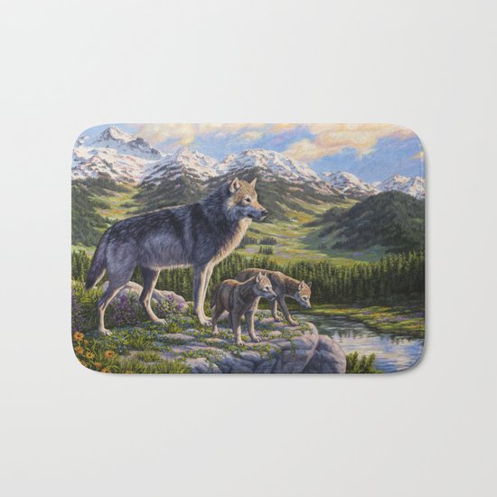 Mother Gray Wolf and Pups River Valley Bath Mat