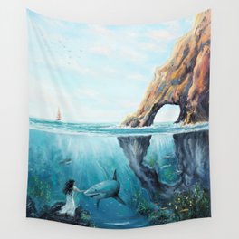 Surreal Ocean Dream 'Fairy Girl and the Shark' Wall Tapestry