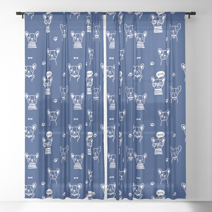 Blue and White Hand Drawn Dog Puppy Pattern Sheer Curtain