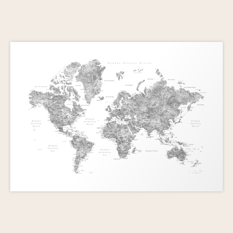 World map with labels in spanish, gray watercolor Art Print