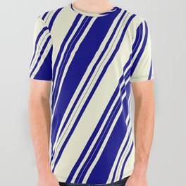 [ Thumbnail: Blue and Beige Colored Lines Pattern All Over Graphic Tee ]