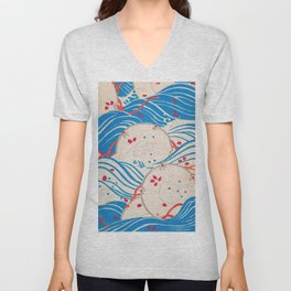 Petals on Waves Vintage Japanese Retro Pattern V Neck T Shirt