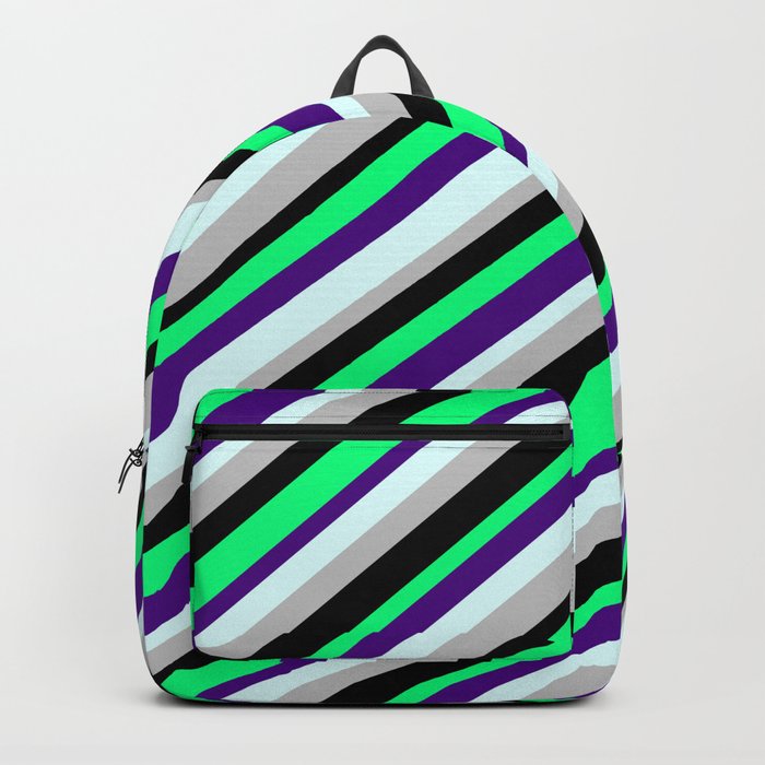Green, Indigo, Light Cyan, Grey, and Black Colored Lines Pattern Backpack