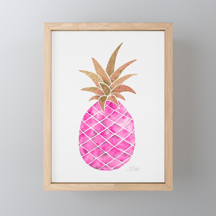 Pineapple Watercolor - Hot Pink & Gold Glitter Framed Mini Art Print