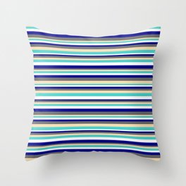 [ Thumbnail: Colorful Dim Grey, Tan, Turquoise, White, and Dark Blue Colored Lined Pattern Throw Pillow ]