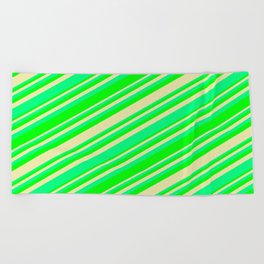 [ Thumbnail: Green, Lime, and Pale Goldenrod Colored Pattern of Stripes Beach Towel ]