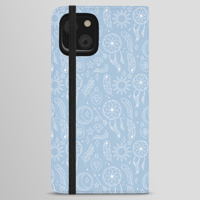 Pale Blue And White Hand Drawn Boho Pattern iPhone Wallet Case