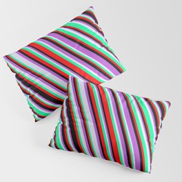 [ Thumbnail: Lavender, Green, Red, Black & Orchid Colored Lines/Stripes Pattern Pillow Sham ]