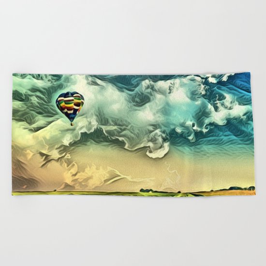 Air Balloon in the Sky with Clouds over the Landscape Beach Towel
