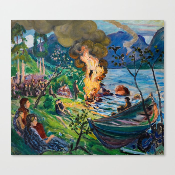 Midsummer Eve Bonfire by Lake Jolstravatnet by Nikolai Astrup Canvas Print