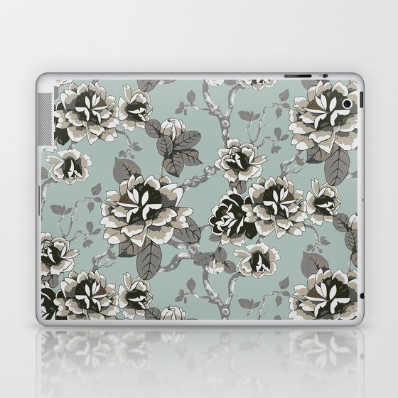 Spring Flowers Pattern Brown on Mint Pastel Blue Laptop & iPad Skin