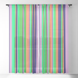 [ Thumbnail: Vibrant Lime Green, Coral, Midnight Blue, Plum, and Green Colored Lines/Stripes Pattern Sheer Curtain ]