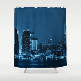 Manhattan midtown skyscrapers and New York City skyline panorama at night with fog Shower Curtain