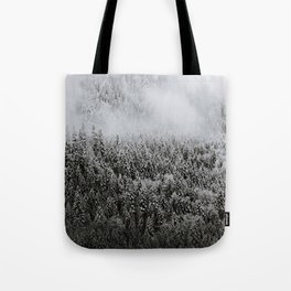 Moody forest in the Fog - Black and White Landscape Photography Tote Bag