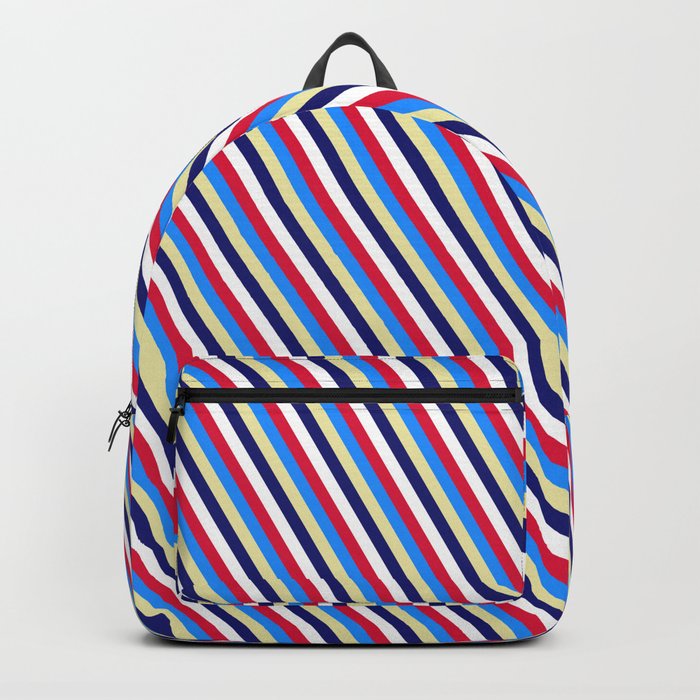 Eye-catching Crimson, Blue, Pale Goldenrod, Midnight Blue & White Colored Striped Pattern Backpack