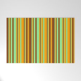 [ Thumbnail: Brown, Light Green, and Orange Colored Striped Pattern Welcome Mat ]